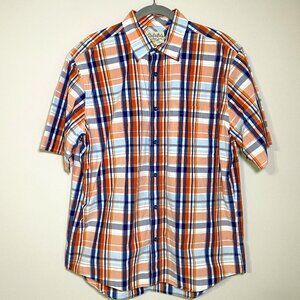 Men's Large Cabela's Orange & Blue Plaid Short Sleeve Button Down Shirt